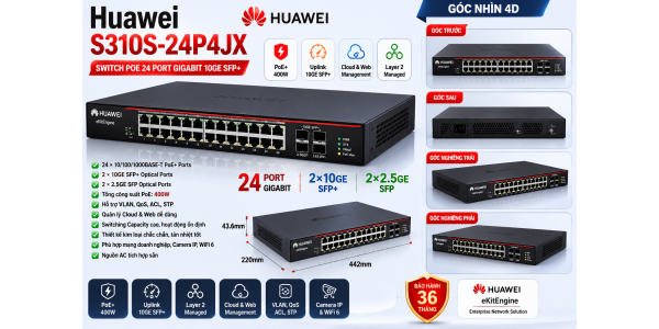 Huawei S310S-24P4JX Chính Hãng – Switch PoE 24 Port Gigabit Uplink 10GE SFP+